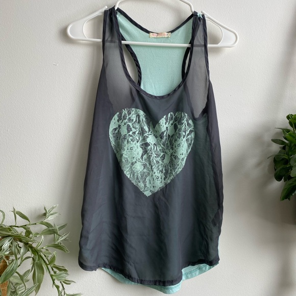 Women’s Black Sheer Tank with Turquoise Heart Print - Picture 7 of 8